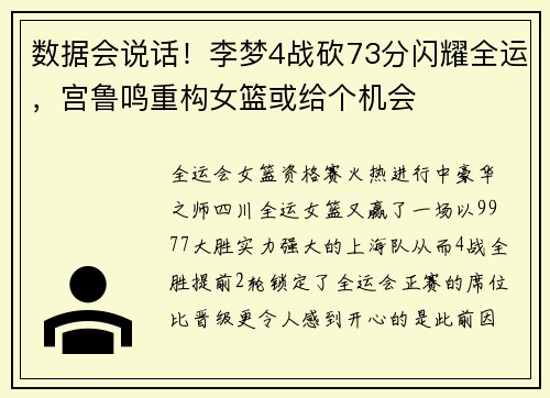 数据会说话！李梦4战砍73分闪耀全运，宫鲁鸣重构女篮或给个机会